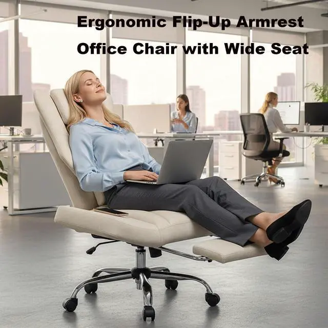 Alt view image 3 of 7 - Kneading Massage Office Chair Flip-up Armrest for Home/Office | Beige Leather,Footrest,Criss Cross,Swivel,Ergonomic,Lumbar Support, Adjustable Big and Tall Executive Desk Chair Gaming