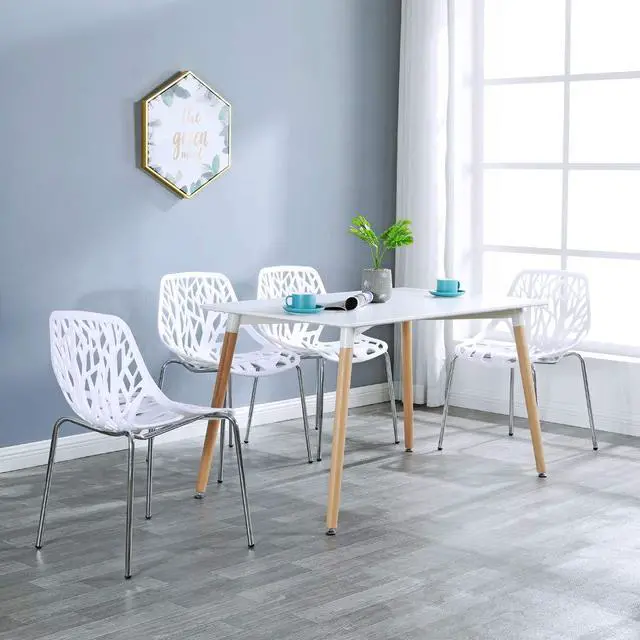 Alt view image 4 of 7 - Modern Stackable Dining Chair 4 Pack, Stacking Outdoor Chairs, White | Plastic Birch Sapling Chairs, Plastic Outdoor Patio Decorative Chairs, Multiple Use for Dining Living Room, Easy to Install
