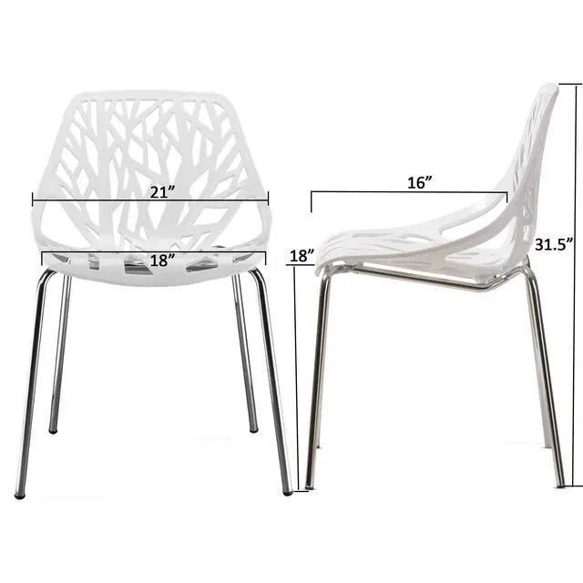 Alt view image 3 of 7 - Modern Stackable Dining Chair 4 Pack, Stacking Outdoor Chairs, White | Plastic Birch Sapling Chairs, Plastic Outdoor Patio Decorative Chairs, Multiple Use for Dining Living Room, Easy to Install