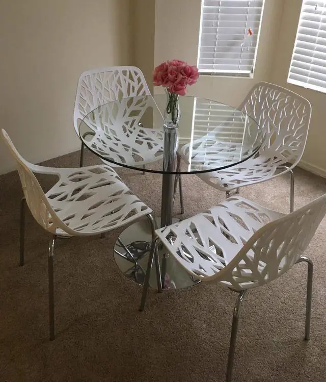 Alt view image 6 of 7 - Modern Stackable Dining Chair 4 Pack, Stacking Outdoor Chairs, White | Plastic Birch Sapling Chairs, Plastic Outdoor Patio Decorative Chairs, Multiple Use for Dining Living Room, Easy to Install