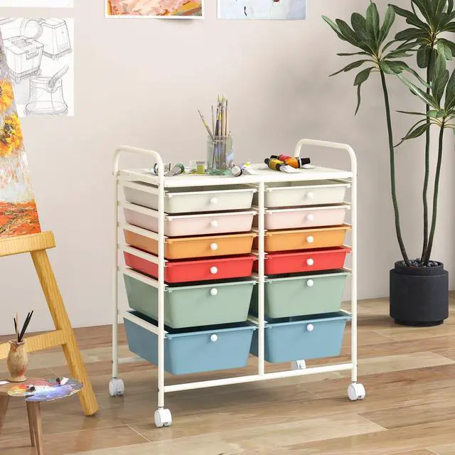 Alt view image 2 of 6 - 12 Drawer Rolling Storage Cart, Utility Cart w/Wheels for Paper Tool Makeup, Art Supplies Craft Organizers for Home Teacher Office School Classroom, Mobile Drawer Carts (Macaron)