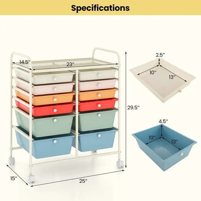 Alt view image 3 of 6 - 12 Drawer Rolling Storage Cart, Utility Cart w/Wheels for Paper Tool Makeup, Art Supplies Craft Organizers for Home Teacher Office School Classroom, Mobile Drawer Carts (Macaron)