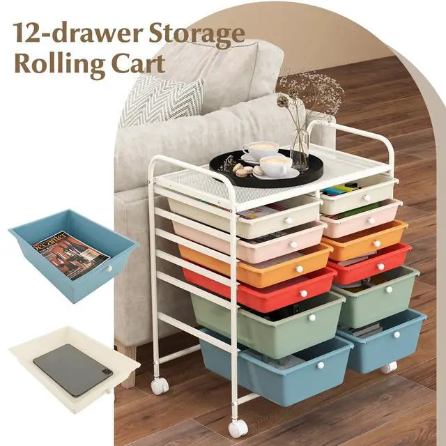 Alt view image 4 of 6 - 12 Drawer Rolling Storage Cart, Utility Cart w/Wheels for Paper Tool Makeup, Art Supplies Craft Organizers for Home Teacher Office School Classroom, Mobile Drawer Carts (Macaron)