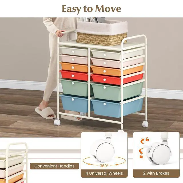 Alt view image 5 of 6 - 12 Drawer Rolling Storage Cart, Utility Cart w/Wheels for Paper Tool Makeup, Art Supplies Craft Organizers for Home Teacher Office School Classroom, Mobile Drawer Carts (Macaron)