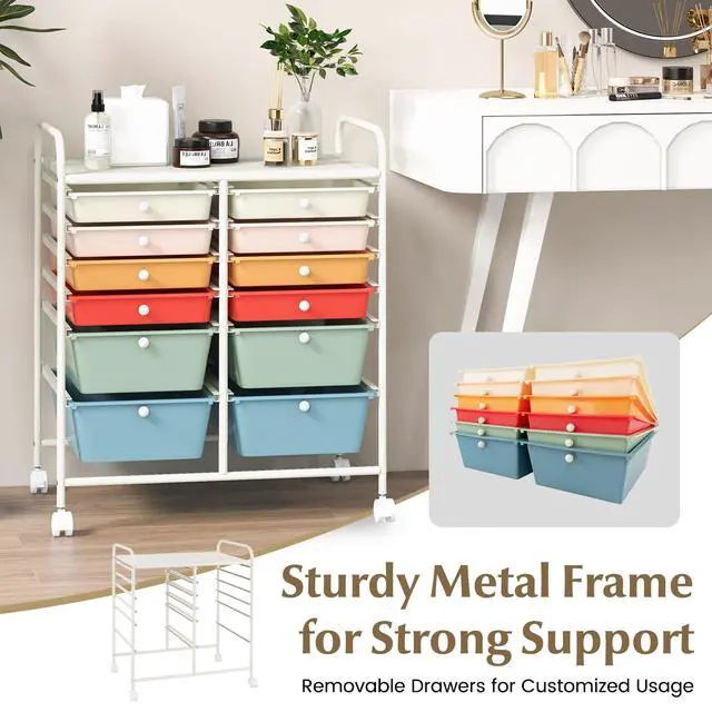 Alt view image 6 of 6 - 12 Drawer Rolling Storage Cart, Utility Cart w/Wheels for Paper Tool Makeup, Art Supplies Craft Organizers for Home Teacher Office School Classroom, Mobile Drawer Carts (Macaron)