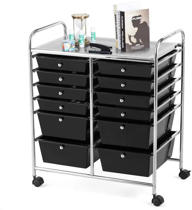 Main image of 12 Drawer Rolling Storage Cart, Utility Cart w/Wheels for Paper Tool Makeup, Art Supplies Craft Organizers for Home Teacher Office School Classroom, Mobile Drawer Carts (Black)