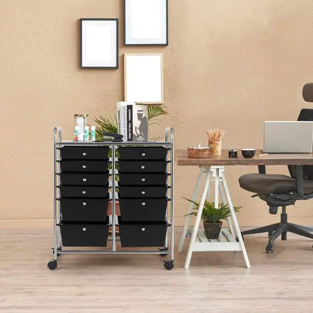 Alt view image 2 of 7 - 12 Drawer Rolling Storage Cart, Utility Cart w/Wheels for Paper Tool Makeup, Art Supplies Craft Organizers for Home Teacher Office School Classroom, Mobile Drawer Carts (Black)