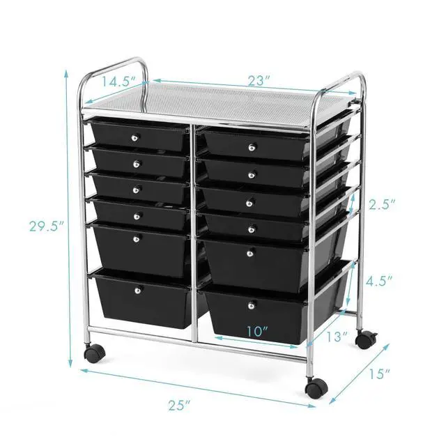 Alt view image 3 of 7 - 12 Drawer Rolling Storage Cart, Utility Cart w/Wheels for Paper Tool Makeup, Art Supplies Craft Organizers for Home Teacher Office School Classroom, Mobile Drawer Carts (Black)