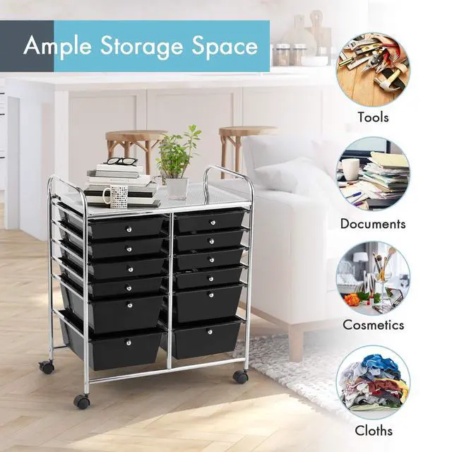 Alt view image 6 of 7 - 12 Drawer Rolling Storage Cart, Utility Cart w/Wheels for Paper Tool Makeup, Art Supplies Craft Organizers for Home Teacher Office School Classroom, Mobile Drawer Carts (Black)