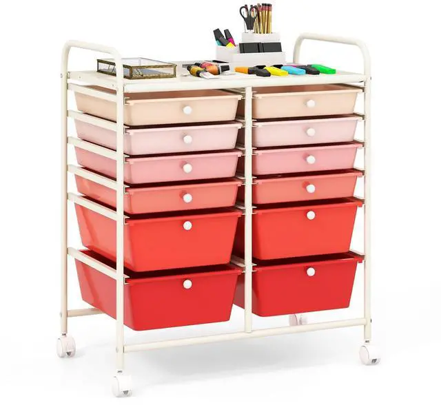 Main image of 12 Drawer Rolling Storage Cart, Utility Cart w/Wheels for Paper Tool Makeup, Art Supplies Craft Organizers for Home Teacher Office School Classroom, Mobile Drawer Carts (Gradient Pink)
