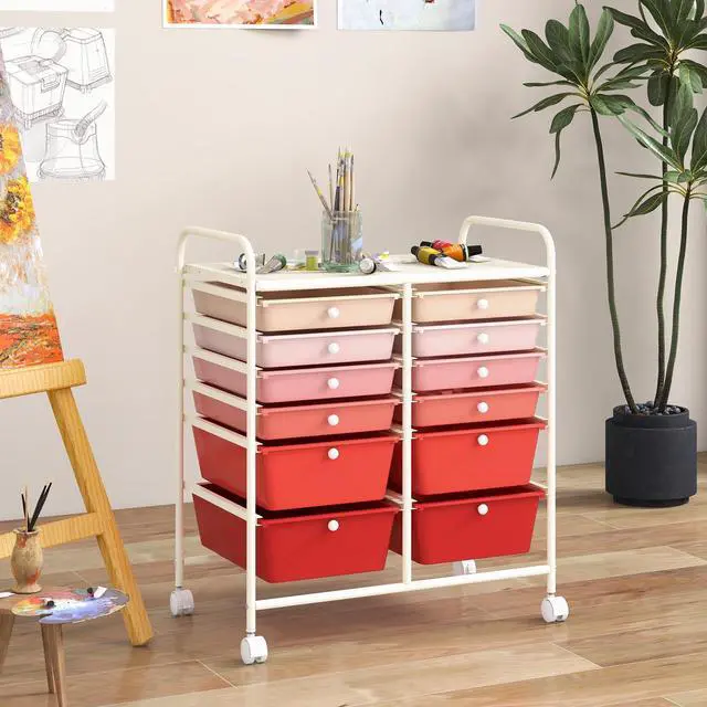 Alt view image 2 of 7 - 12 Drawer Rolling Storage Cart, Utility Cart w/Wheels for Paper Tool Makeup, Art Supplies Craft Organizers for Home Teacher Office School Classroom, Mobile Drawer Carts (Gradient Pink)