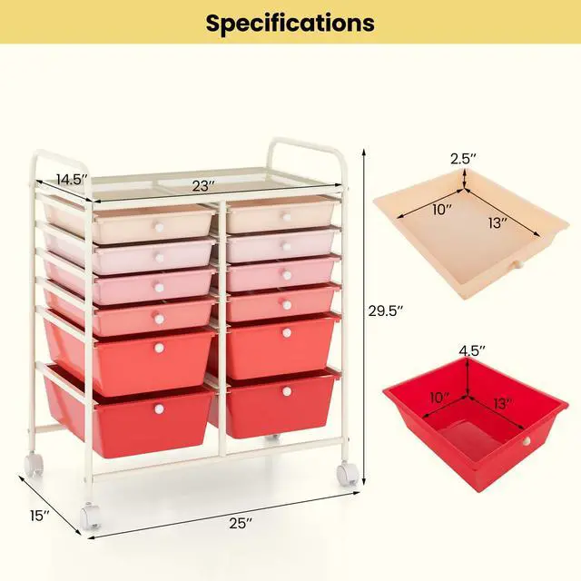 Alt view image 3 of 7 - 12 Drawer Rolling Storage Cart, Utility Cart w/Wheels for Paper Tool Makeup, Art Supplies Craft Organizers for Home Teacher Office School Classroom, Mobile Drawer Carts (Gradient Pink)