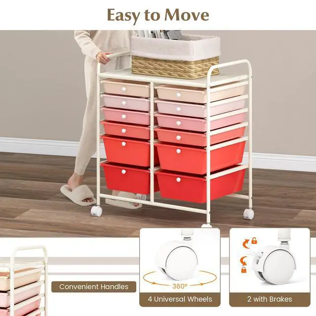 Alt view image 5 of 7 - 12 Drawer Rolling Storage Cart, Utility Cart w/Wheels for Paper Tool Makeup, Art Supplies Craft Organizers for Home Teacher Office School Classroom, Mobile Drawer Carts (Gradient Pink)