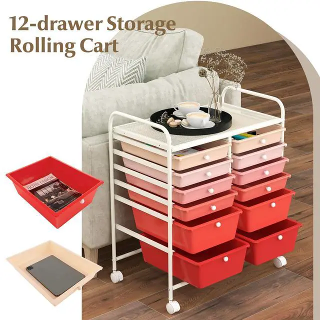 Alt view image 4 of 7 - 12 Drawer Rolling Storage Cart, Utility Cart w/Wheels for Paper Tool Makeup, Art Supplies Craft Organizers for Home Teacher Office School Classroom, Mobile Drawer Carts (Gradient Pink)