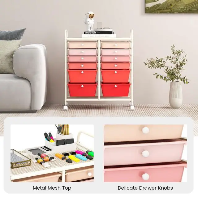 Alt view image 7 of 7 - 12 Drawer Rolling Storage Cart, Utility Cart w/Wheels for Paper Tool Makeup, Art Supplies Craft Organizers for Home Teacher Office School Classroom, Mobile Drawer Carts (Gradient Pink)