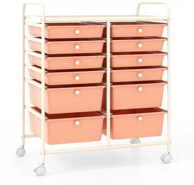 Main image of 12 Drawer Rolling Storage Cart, Utility Cart w/Wheels for Paper Tool Makeup, Art Supplies Craft Organizers for Home Teacher Office School Classroom, Mobile Drawer Carts (Peach Pink)