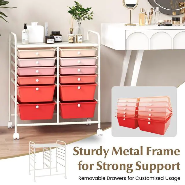 Alt view image 6 of 7 - 12 Drawer Rolling Storage Cart, Utility Cart w/Wheels for Paper Tool Makeup, Art Supplies Craft Organizers for Home Teacher Office School Classroom, Mobile Drawer Carts (Gradient Pink)