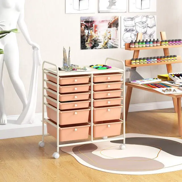 Alt view image 2 of 6 - 12 Drawer Rolling Storage Cart, Utility Cart w/Wheels for Paper Tool Makeup, Art Supplies Craft Organizers for Home Teacher Office School Classroom, Mobile Drawer Carts (Peach Pink)
