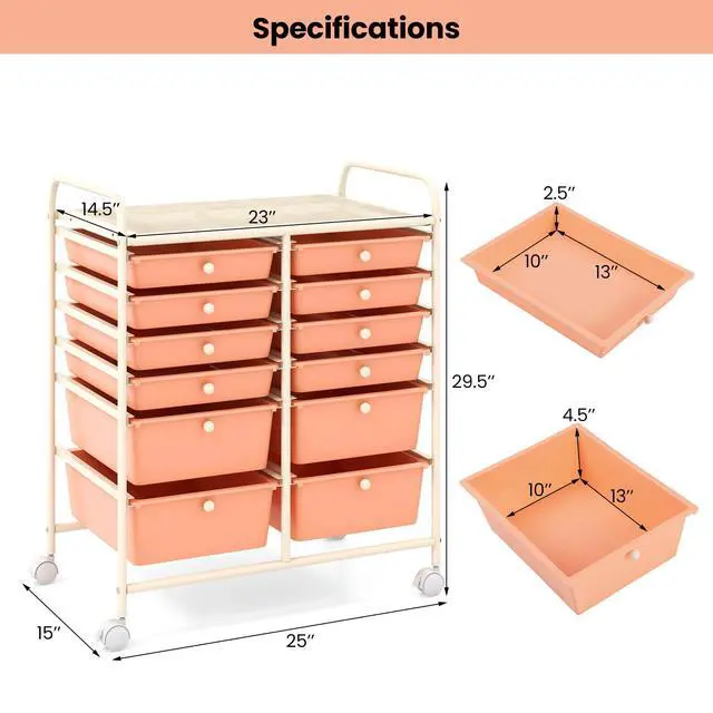 Alt view image 3 of 6 - 12 Drawer Rolling Storage Cart, Utility Cart w/Wheels for Paper Tool Makeup, Art Supplies Craft Organizers for Home Teacher Office School Classroom, Mobile Drawer Carts (Peach Pink)