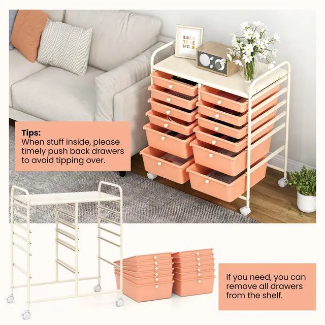 Alt view image 4 of 6 - 12 Drawer Rolling Storage Cart, Utility Cart w/Wheels for Paper Tool Makeup, Art Supplies Craft Organizers for Home Teacher Office School Classroom, Mobile Drawer Carts (Peach Pink)