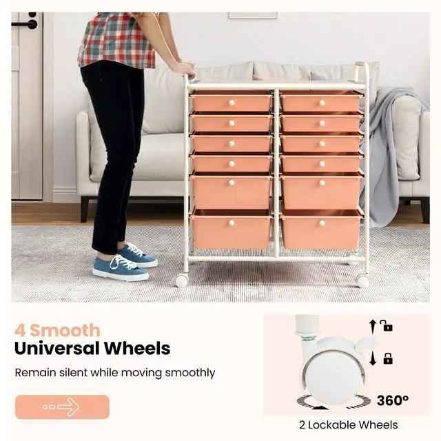 Alt view image 5 of 6 - 12 Drawer Rolling Storage Cart, Utility Cart w/Wheels for Paper Tool Makeup, Art Supplies Craft Organizers for Home Teacher Office School Classroom, Mobile Drawer Carts (Peach Pink)