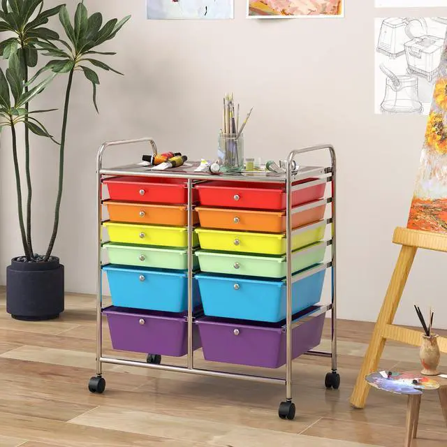 Alt view image 2 of 6 - 12 Drawer Rolling Storage Cart, Utility Cart w/Wheels for Paper Tool Makeup, Art Supplies Craft Organizers for Home Teacher Office School Classroom, Mobile Drawer Carts (Multicolor)