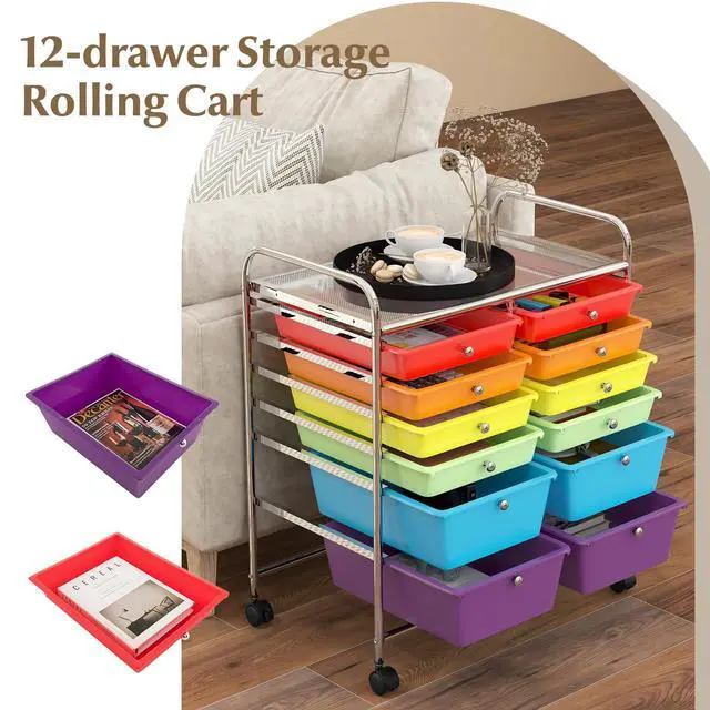 Alt view image 4 of 6 - 12 Drawer Rolling Storage Cart, Utility Cart w/Wheels for Paper Tool Makeup, Art Supplies Craft Organizers for Home Teacher Office School Classroom, Mobile Drawer Carts (Multicolor)