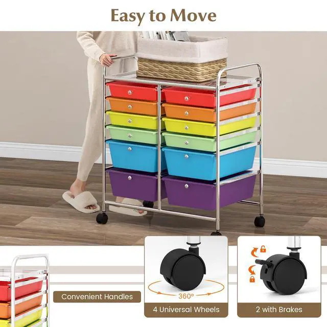 Alt view image 5 of 6 - 12 Drawer Rolling Storage Cart, Utility Cart w/Wheels for Paper Tool Makeup, Art Supplies Craft Organizers for Home Teacher Office School Classroom, Mobile Drawer Carts (Multicolor)