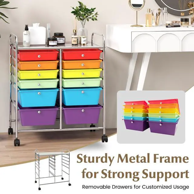 Alt view image 6 of 6 - 12 Drawer Rolling Storage Cart, Utility Cart w/Wheels for Paper Tool Makeup, Art Supplies Craft Organizers for Home Teacher Office School Classroom, Mobile Drawer Carts (Multicolor)