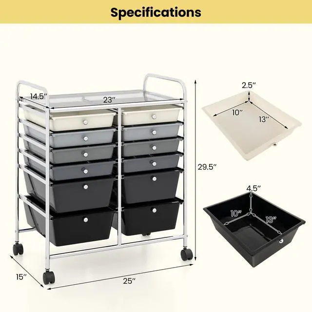 Alt view image 3 of 7 - 12 Drawer Rolling Storage Cart, Utility Cart w/Wheels for Paper Tool Makeup, Art Supplies Craft Organizers for Home Teacher Office School Classroom, Mobile Drawer Carts (Gradient Black)