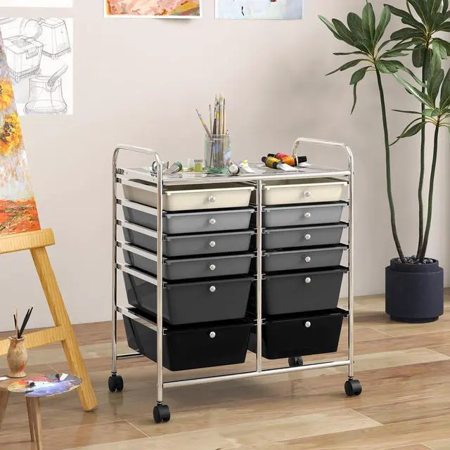 Alt view image 2 of 7 - 12 Drawer Rolling Storage Cart, Utility Cart w/Wheels for Paper Tool Makeup, Art Supplies Craft Organizers for Home Teacher Office School Classroom, Mobile Drawer Carts (Gradient Black)