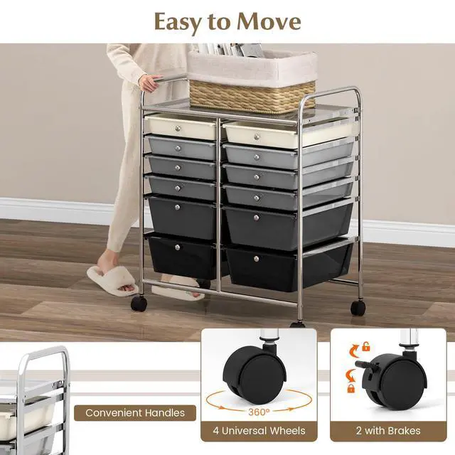 Alt view image 5 of 7 - 12 Drawer Rolling Storage Cart, Utility Cart w/Wheels for Paper Tool Makeup, Art Supplies Craft Organizers for Home Teacher Office School Classroom, Mobile Drawer Carts (Gradient Black)