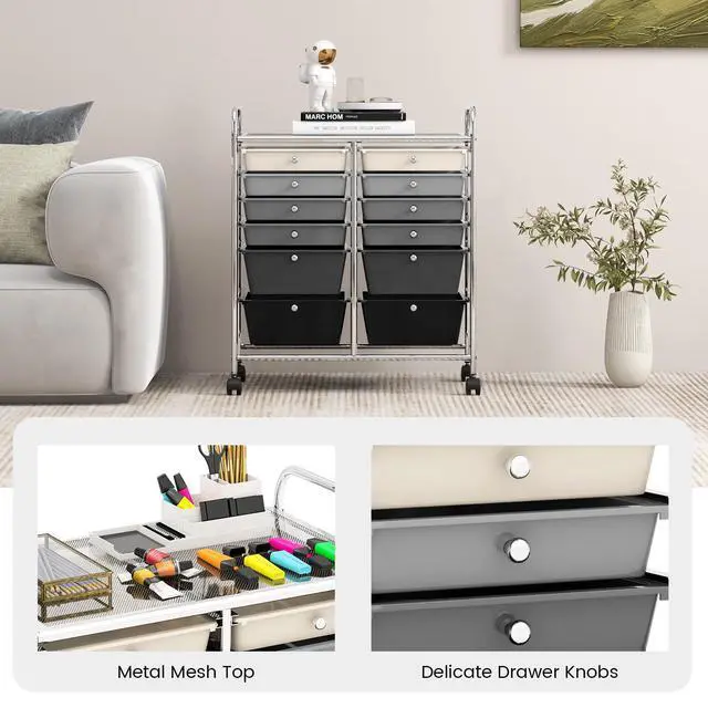 Alt view image 7 of 7 - 12 Drawer Rolling Storage Cart, Utility Cart w/Wheels for Paper Tool Makeup, Art Supplies Craft Organizers for Home Teacher Office School Classroom, Mobile Drawer Carts (Gradient Black)