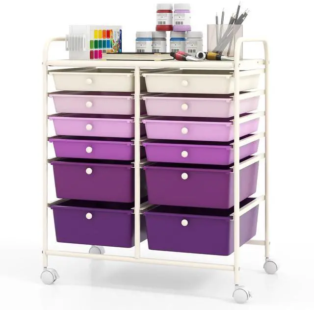 Main image of 12 Drawer Rolling Storage Cart, Utility Cart w/Wheels for Paper Tool Makeup, Art Supplies Craft Organizers for Home Teacher Office School Classroom, Mobile Drawer Carts (Gradient Purple)