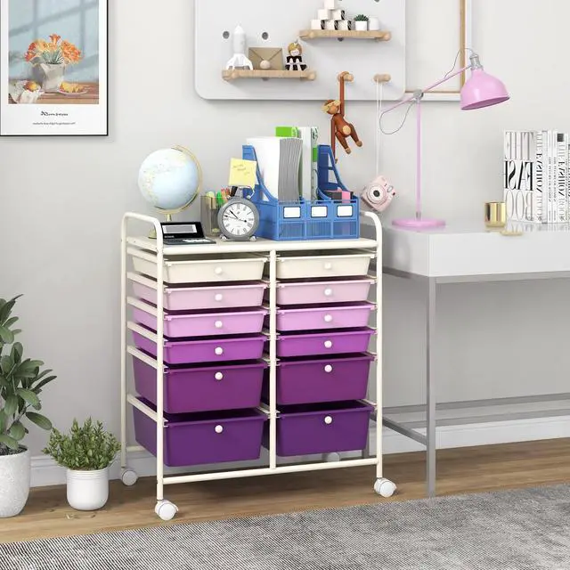 Alt view image 2 of 6 - 12 Drawer Rolling Storage Cart, Utility Cart w/Wheels for Paper Tool Makeup, Art Supplies Craft Organizers for Home Teacher Office School Classroom, Mobile Drawer Carts (Gradient Purple)