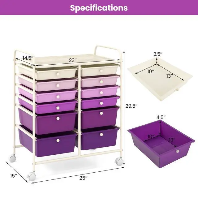 Alt view image 3 of 6 - 12 Drawer Rolling Storage Cart, Utility Cart w/Wheels for Paper Tool Makeup, Art Supplies Craft Organizers for Home Teacher Office School Classroom, Mobile Drawer Carts (Gradient Purple)