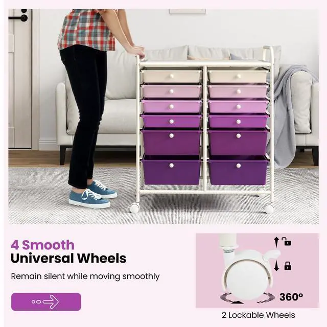 Alt view image 5 of 6 - 12 Drawer Rolling Storage Cart, Utility Cart w/Wheels for Paper Tool Makeup, Art Supplies Craft Organizers for Home Teacher Office School Classroom, Mobile Drawer Carts (Gradient Purple)