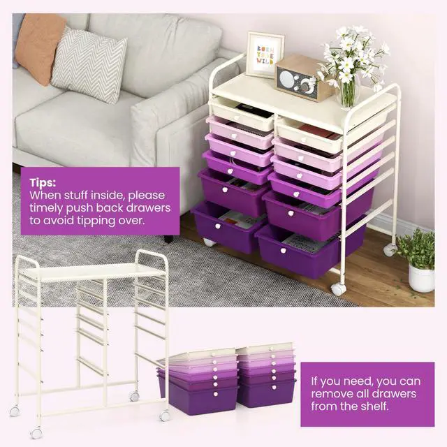Alt view image 4 of 6 - 12 Drawer Rolling Storage Cart, Utility Cart w/Wheels for Paper Tool Makeup, Art Supplies Craft Organizers for Home Teacher Office School Classroom, Mobile Drawer Carts (Gradient Purple)