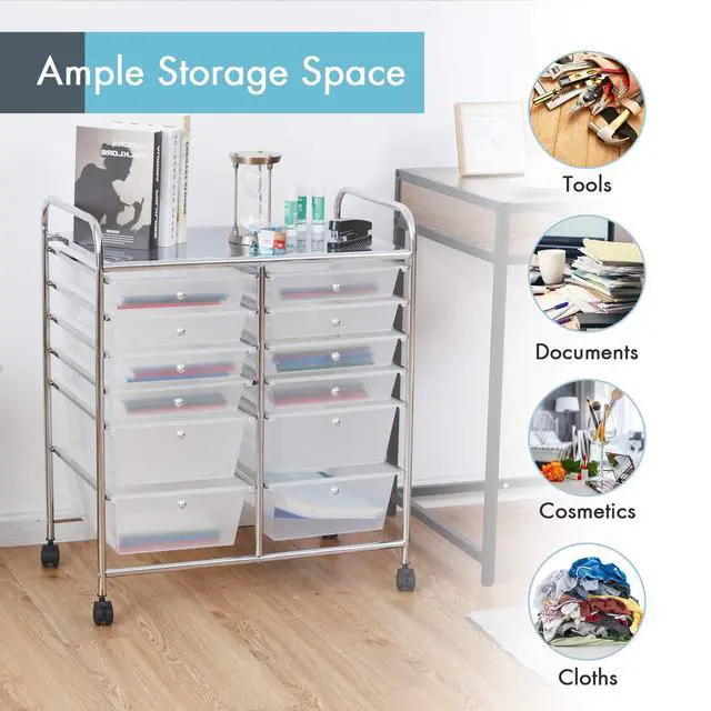 Alt view image 5 of 7 - 12 Drawer Rolling Storage Cart, Utility Cart w/Wheels for Paper Tool Makeup, Art Supplies Craft Organizers for Home Teacher Office School Classroom, Mobile Drawer Carts (Clear)