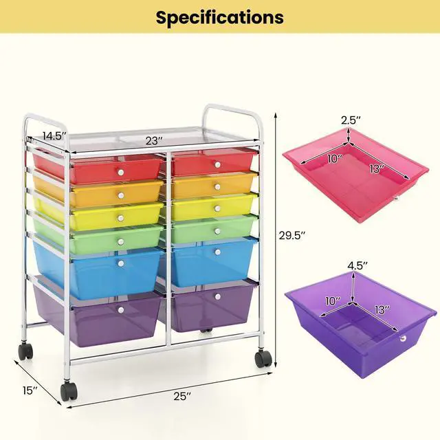 Alt view image 2 of 7 - 12 Drawer Rolling Storage Cart, Utility Cart w/Wheels for Paper Tool Makeup, Art Supplies Craft Organizers for Home Teacher Office School Classroom, Mobile Drawer Carts (Color)