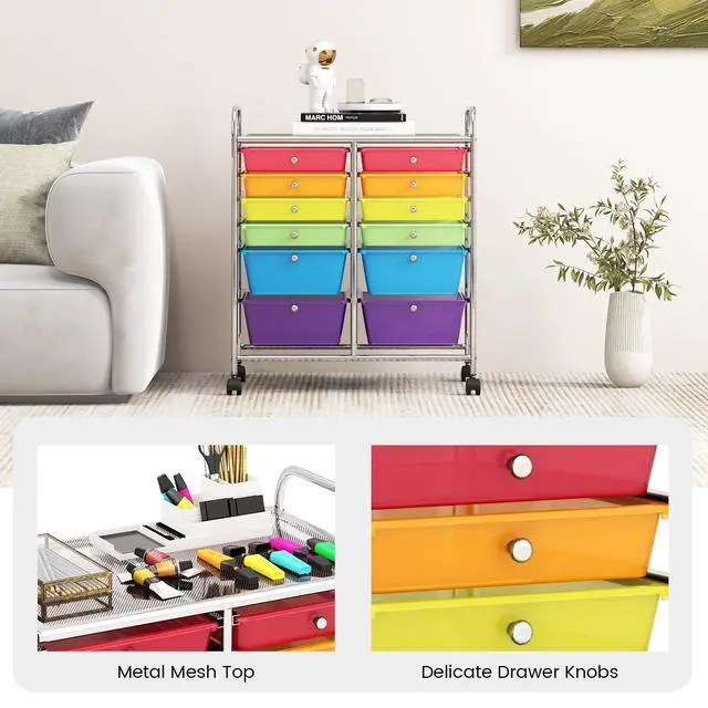 Alt view image 6 of 7 - 12 Drawer Rolling Storage Cart, Utility Cart w/Wheels for Paper Tool Makeup, Art Supplies Craft Organizers for Home Teacher Office School Classroom, Mobile Drawer Carts (Color)