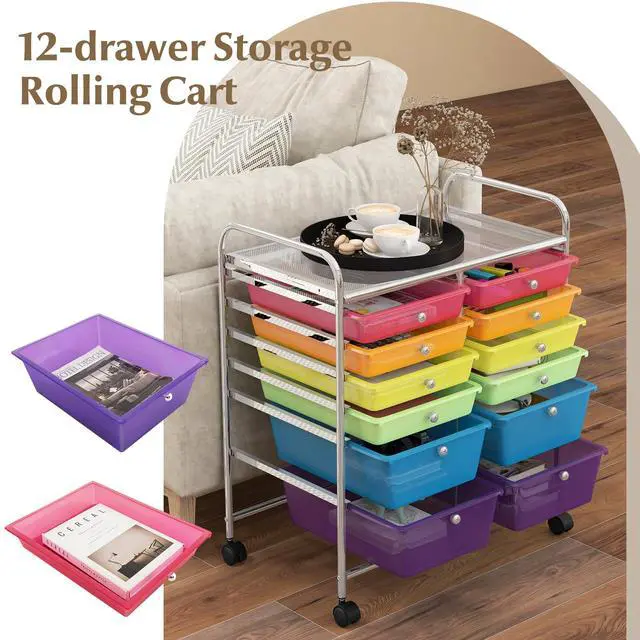 Alt view image 3 of 7 - 12 Drawer Rolling Storage Cart, Utility Cart w/Wheels for Paper Tool Makeup, Art Supplies Craft Organizers for Home Teacher Office School Classroom, Mobile Drawer Carts (Color)