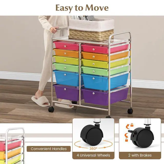Alt view image 4 of 7 - 12 Drawer Rolling Storage Cart, Utility Cart w/Wheels for Paper Tool Makeup, Art Supplies Craft Organizers for Home Teacher Office School Classroom, Mobile Drawer Carts (Color)