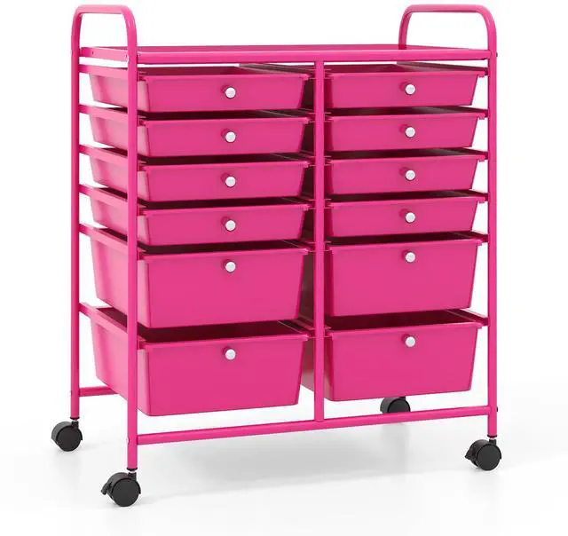 Main image of 12 Drawer Rolling Storage Cart, Utility Cart w/Wheels for Paper Tool Makeup, Art Supplies Craft Organizers for Home Teacher Office School Classroom, Mobile Drawer Carts (Pink)