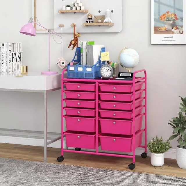 Alt view image 2 of 7 - 12 Drawer Rolling Storage Cart, Utility Cart w/Wheels for Paper Tool Makeup, Art Supplies Craft Organizers for Home Teacher Office School Classroom, Mobile Drawer Carts (Pink)