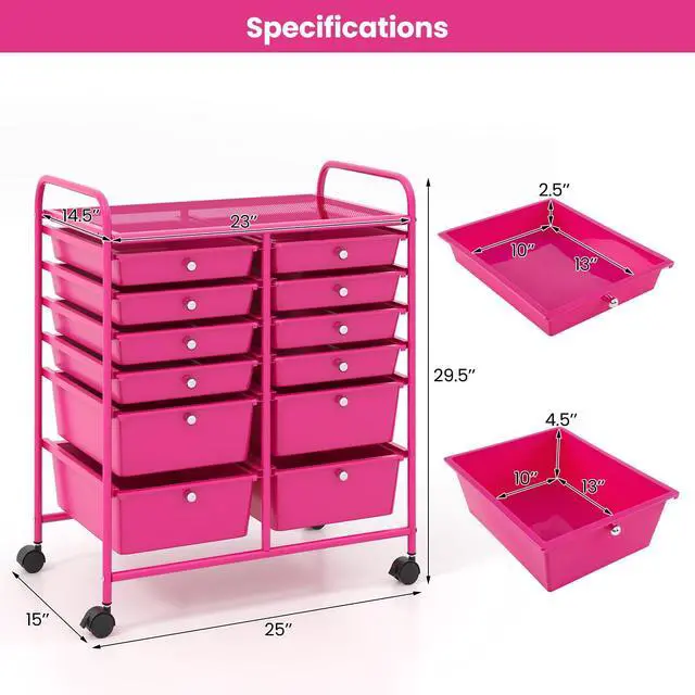 Alt view image 3 of 7 - 12 Drawer Rolling Storage Cart, Utility Cart w/Wheels for Paper Tool Makeup, Art Supplies Craft Organizers for Home Teacher Office School Classroom, Mobile Drawer Carts (Pink)