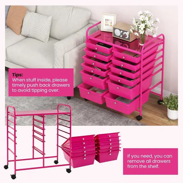 Alt view image 4 of 7 - 12 Drawer Rolling Storage Cart, Utility Cart w/Wheels for Paper Tool Makeup, Art Supplies Craft Organizers for Home Teacher Office School Classroom, Mobile Drawer Carts (Pink)