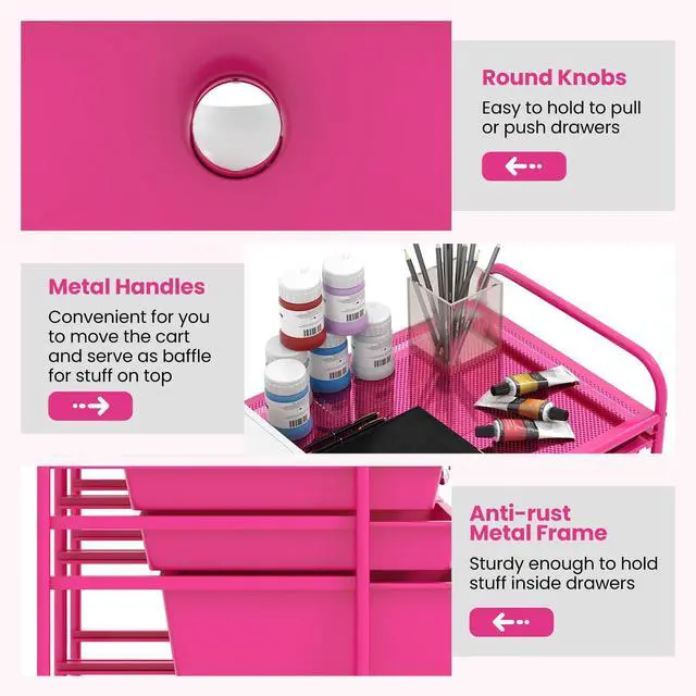 Alt view image 5 of 7 - 12 Drawer Rolling Storage Cart, Utility Cart w/Wheels for Paper Tool Makeup, Art Supplies Craft Organizers for Home Teacher Office School Classroom, Mobile Drawer Carts (Pink)