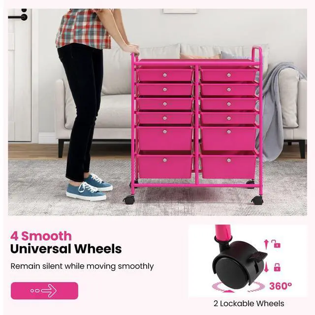 Alt view image 6 of 7 - 12 Drawer Rolling Storage Cart, Utility Cart w/Wheels for Paper Tool Makeup, Art Supplies Craft Organizers for Home Teacher Office School Classroom, Mobile Drawer Carts (Pink)