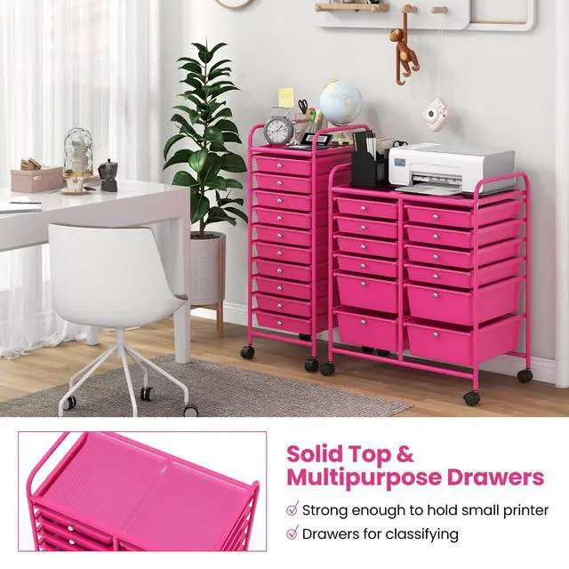 Alt view image 7 of 7 - 12 Drawer Rolling Storage Cart, Utility Cart w/Wheels for Paper Tool Makeup, Art Supplies Craft Organizers for Home Teacher Office School Classroom, Mobile Drawer Carts (Pink)